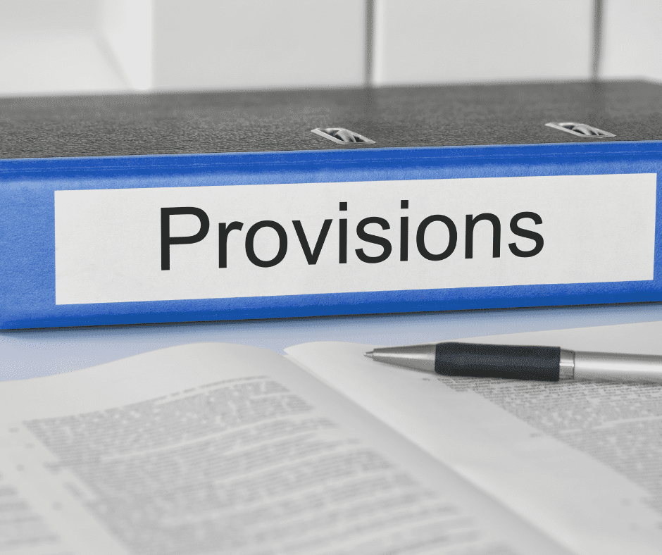 Blue binder on a desk labeled as Provisions