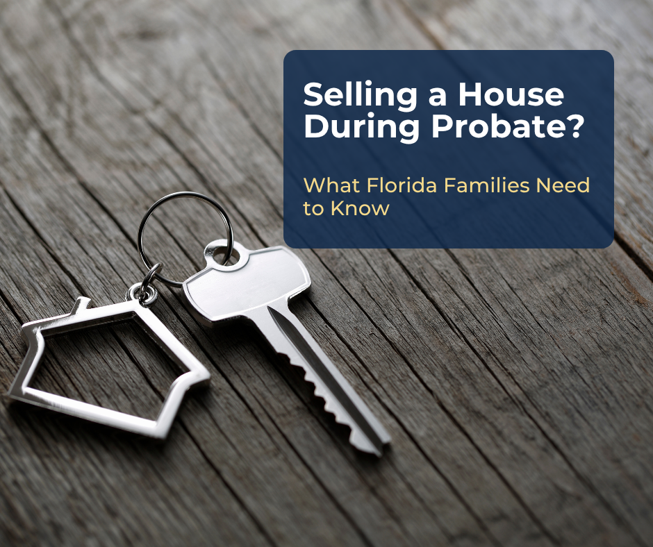 House-shaped keychain and key on a wooden surface, representing selling a house during probate in Florida.