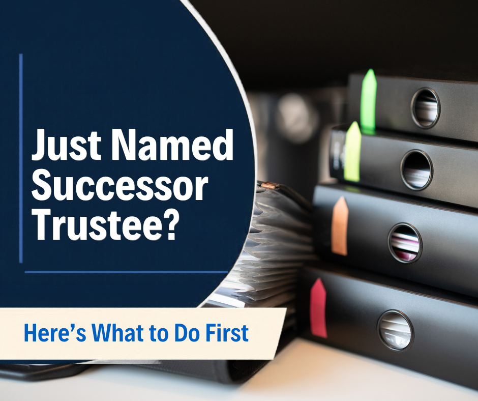 Stacked binders and paperwork with a pen, representing successor trustee duties in Florida