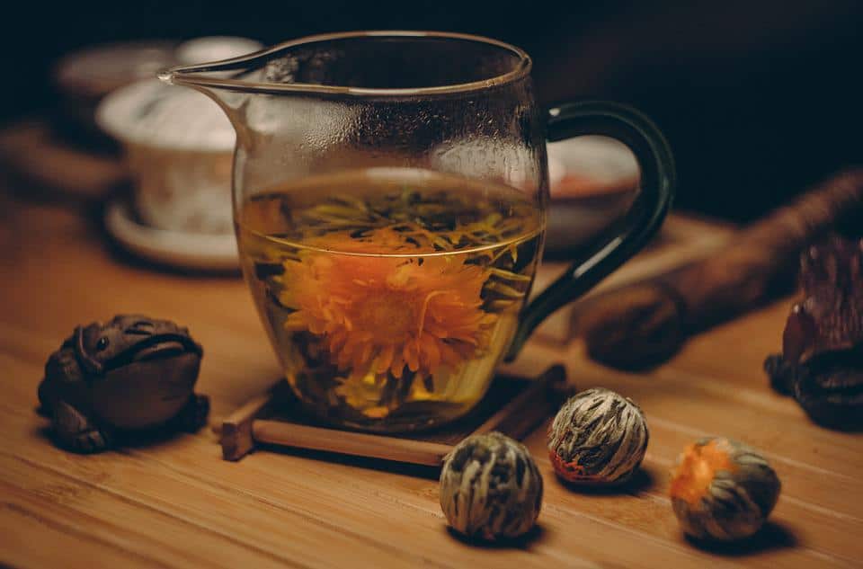 Glass of tea made with flowers.