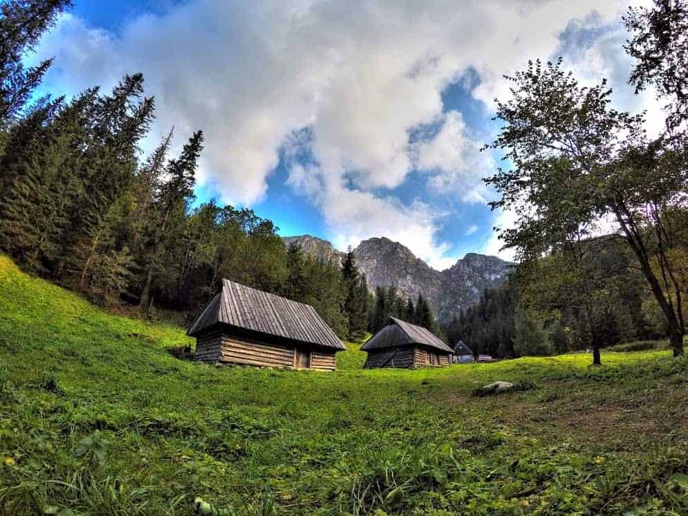 Two wooden cabins with slanted roofs sit on a grassy clearing surrounded by trees and mountains under a partly cloudy sky, capturing the serene charm of Zakopane, Poland.