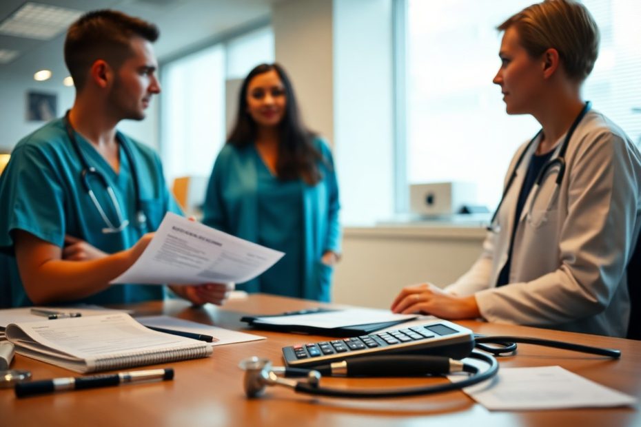 médicos analizando precios en una oficina / factores que afectan los gastos médicos