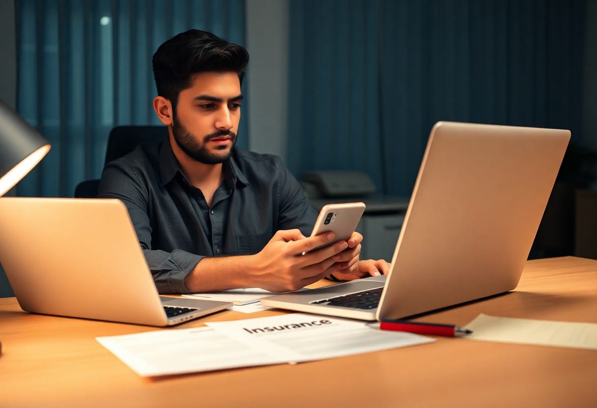 Hombre analizando informacion en laptop y telefono / Qué Hacer Ante Reclamos En Mi Póliza