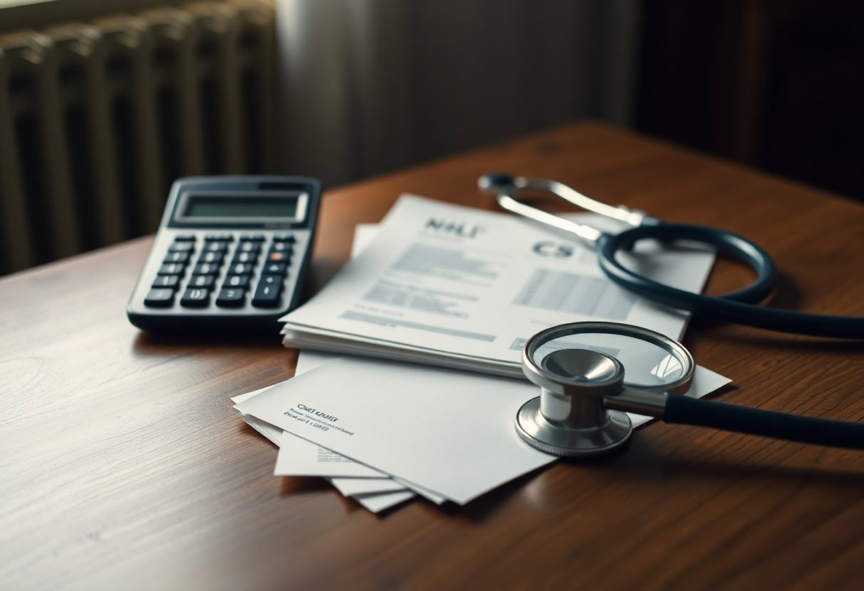 Poliza de seguro de gastos medicos y estetoscopio sobre escritorio /  contratar gastos médicos. 