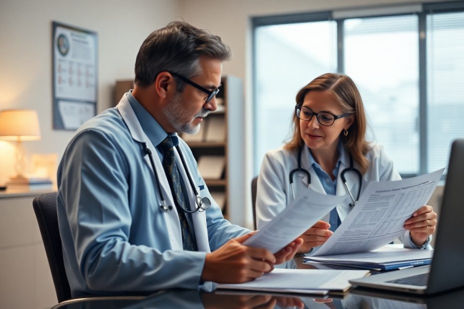 Medico y paciente analizando documentos en consultorio / gastos médicos y costo de la salud