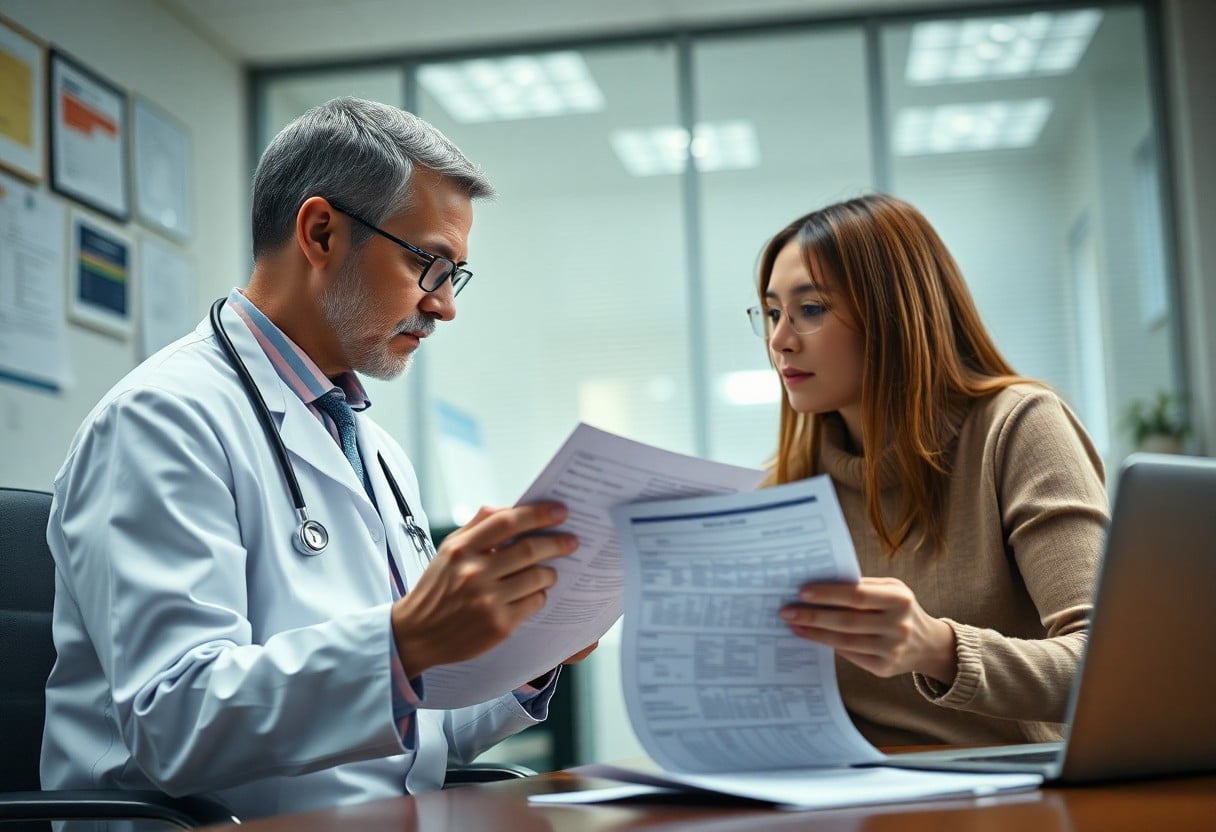 Medico y paciente analizando documentos en consultorio / gastos médicos y costo de la salud