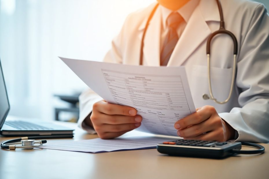 Médico en consultorio analizando poliza de seguro médico / ¿Gastos Médicos Mayores O Seguro De Salud? Comparando Precios Y Beneficios
