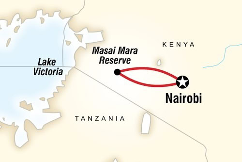 Simple Kenya map showing route Nairobi–Masai Mara safari.
