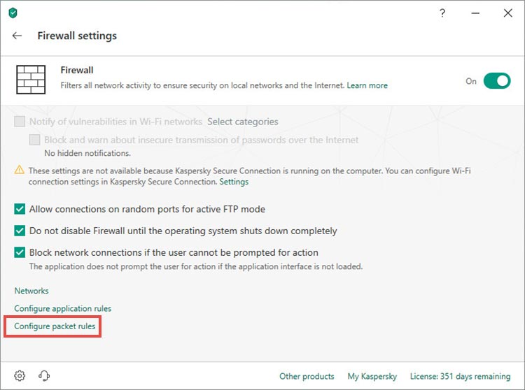 روی گزینه Configure packet rules کلیک کنید.
