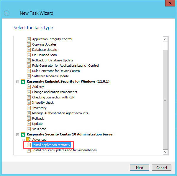 مسیر Kaspersky Security Center 10 Administration Server → Install application remotely را دنبال کنید.