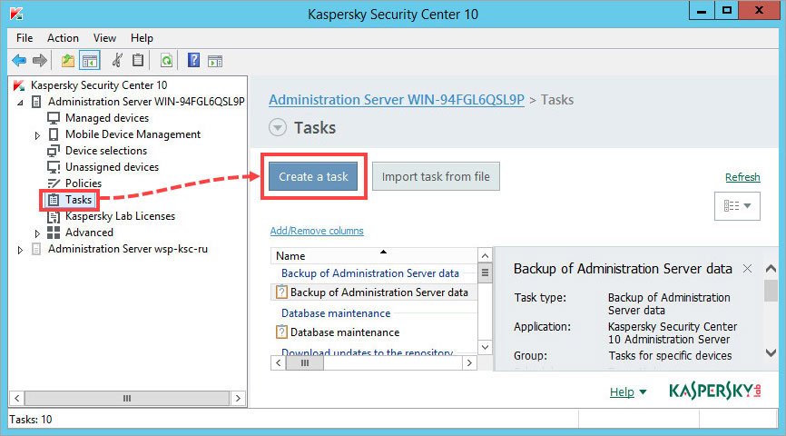 Kaspersky Security Center 10 را باز کنید.به بخش Tasks بروید و روی Create a task کلیک کنید.