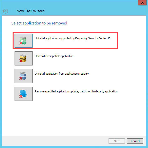 روی Uninstall the application supported by Kaspersky Security Center 10 کلیک کنید.