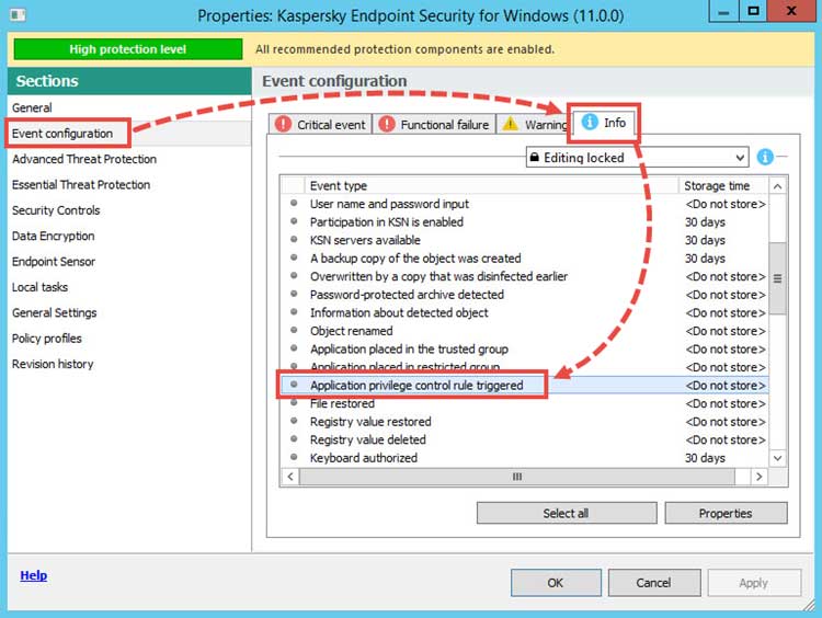 از بخش properties روی Application Privilege Control rule triggered کلیک کنید.