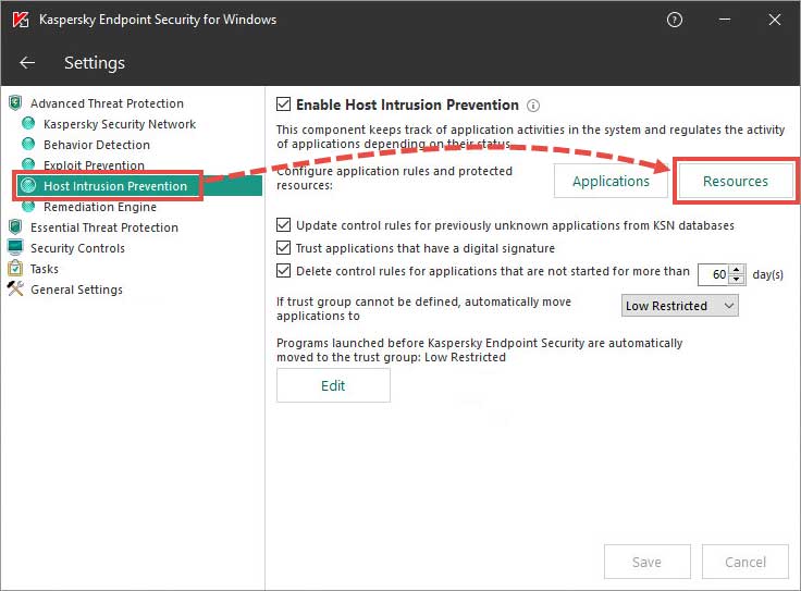 مسیر Advanced Threats Protection → Host Intrusion Prevention → Resources را دنبال کنید.