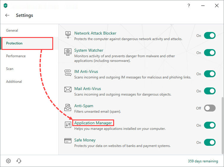 به قسمت Protection بروید و روی گزینه Application Manager کلیک کنید.