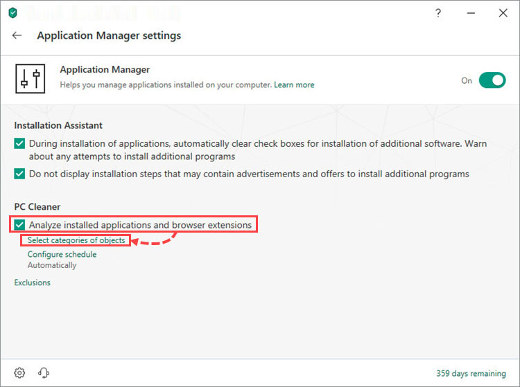گزینه Analyze installed applications and browser extensions را انتخاب کنید.روی گزینه categories of objects کلیک کنید.