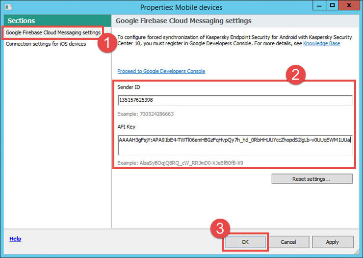 به بخش Google Firebase Cloud Messaging settings بروید. Sender ID و key را وارد کنید. روی OK کلیک کنید.