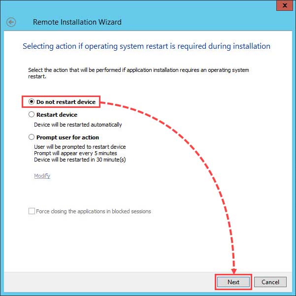 Do not restart device را انتخاب کنید. روی Next کلیک کنید.