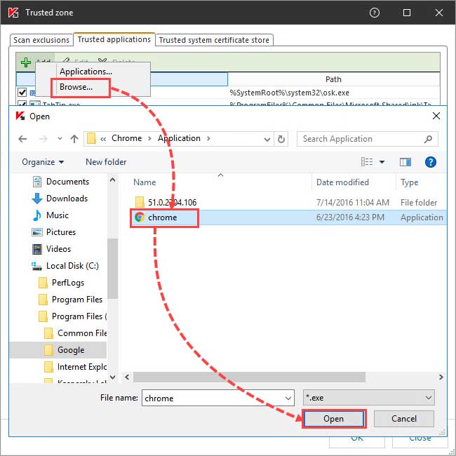 مسیر Add → Browse را دنبال کنید فایل exe. برنامه ها را انتخاب کنید و روی Open کلیک کنید.