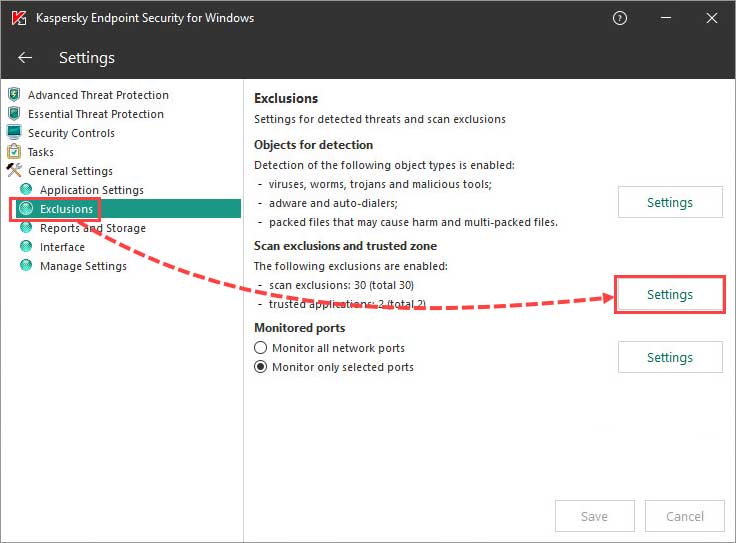 در بخش Scan exclusions and trusted zone روی Settings کلیک کنید.