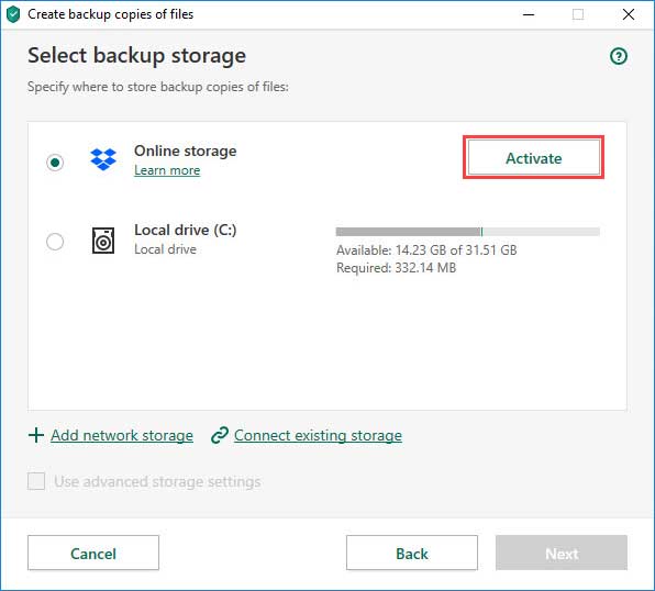 روی Activate مقابل Dropbox storage کلیک کنید.