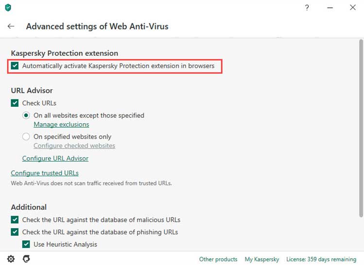 مطمئن شوید تیک چک باکس گزینه Automatically activate Kaspersky Protection extension in browsers checkbox زده شده باشد.