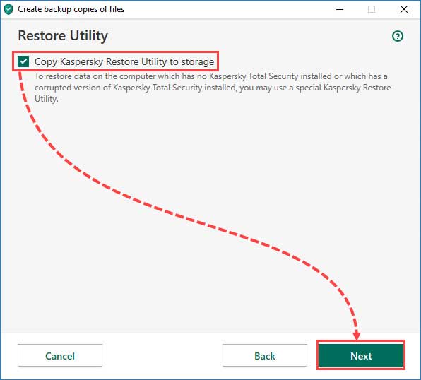 تیک چک باکس گزینه Copy Kaspersky Restore Utility to storage را بزنید و روی Next کلیک کنید.