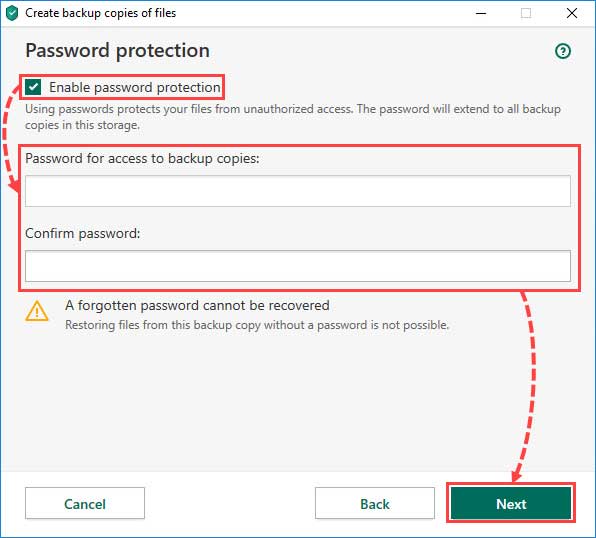 تیک چک باکس گزینه Enable password protection را بزنید و برای محافظت از پرونده های موجود در بکاپ، یک رمزعبور تنظیم کنید. روی Next کلیک کنید.
