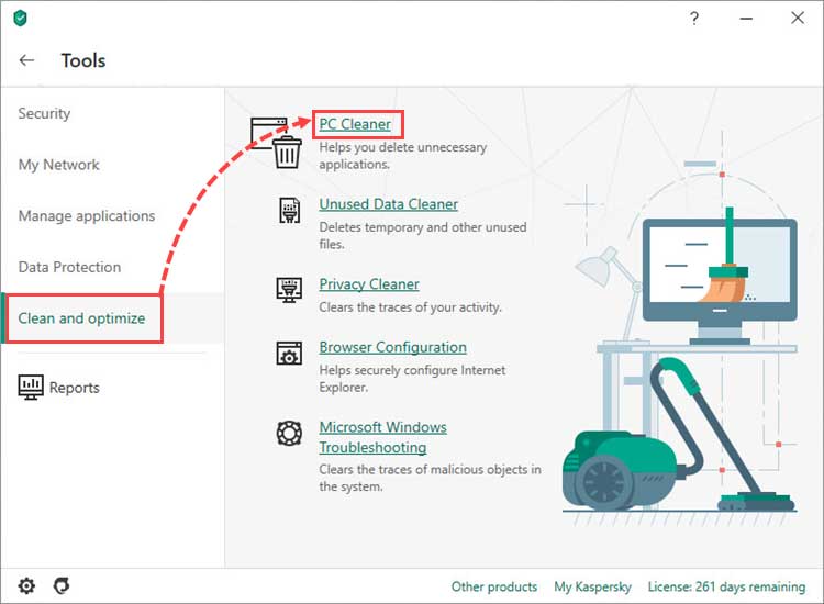 به بخش Clean and optimize بروید و روی PC Cleaner کلیک کنید.