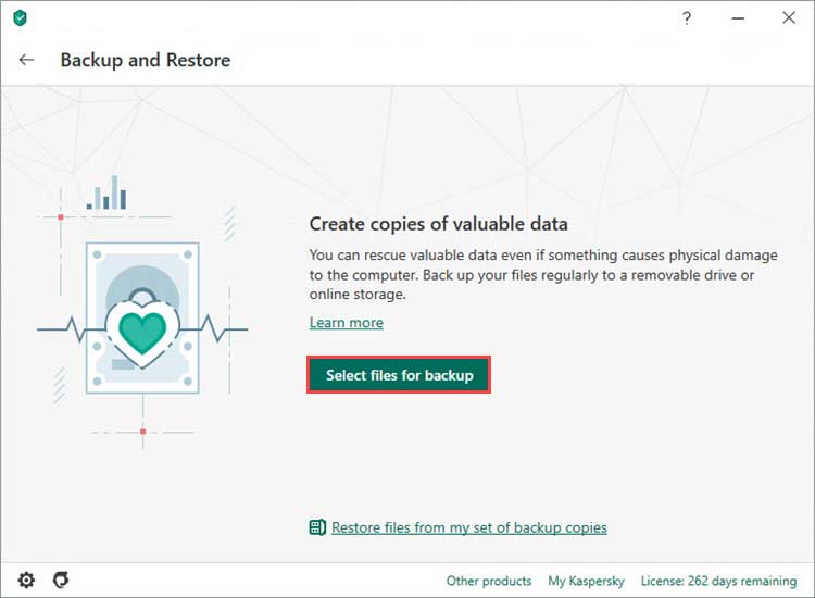 روی Select files for backup کلیک کنید.