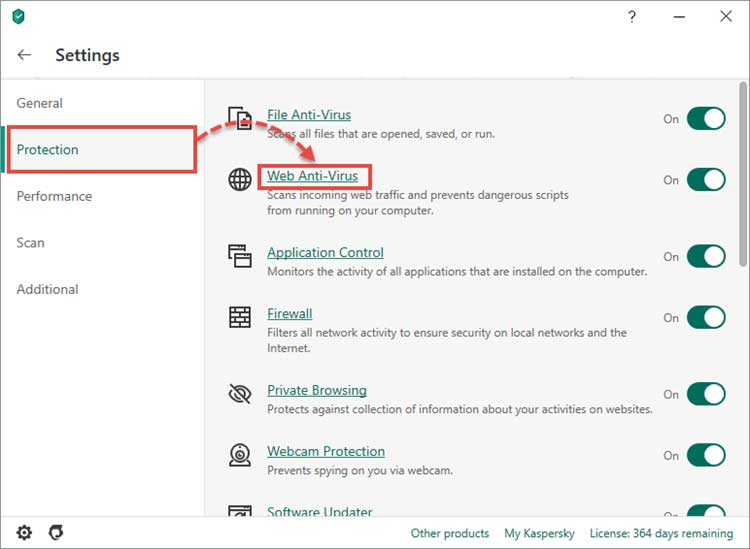 به بخش Protection بروید و روی Web Anti-Virus کلیک کنید.