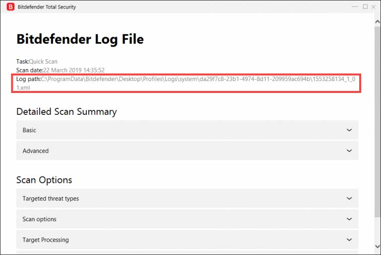 مکان ثبت اسکن در کنار Log Path نشان داده شده است.