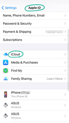 روی iCloud کلیک کنید.