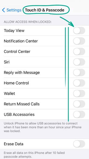 گزینههای بخش (Allow Access When Locked) را خاموش کنید.