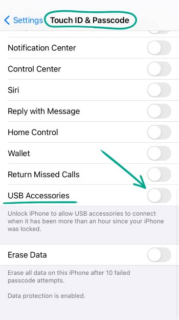 گزینه USB accessories را خاموش کنید.