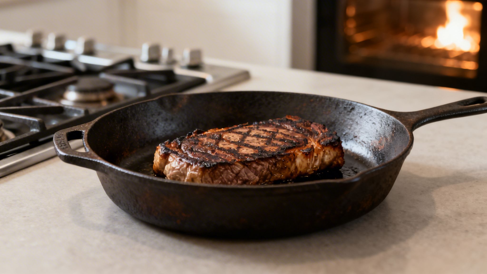 A perfectly seared steak in a cast iron pan on a kitchen counter with an oven in the background.