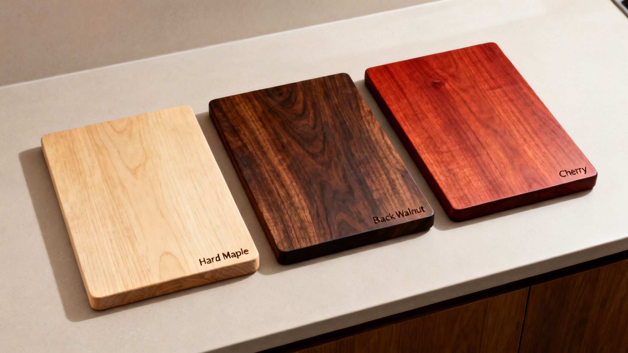 Three distinct wooden cutting boards: light Hard Maple, dark Black Walnut, and reddish Cherry, on a countertop.