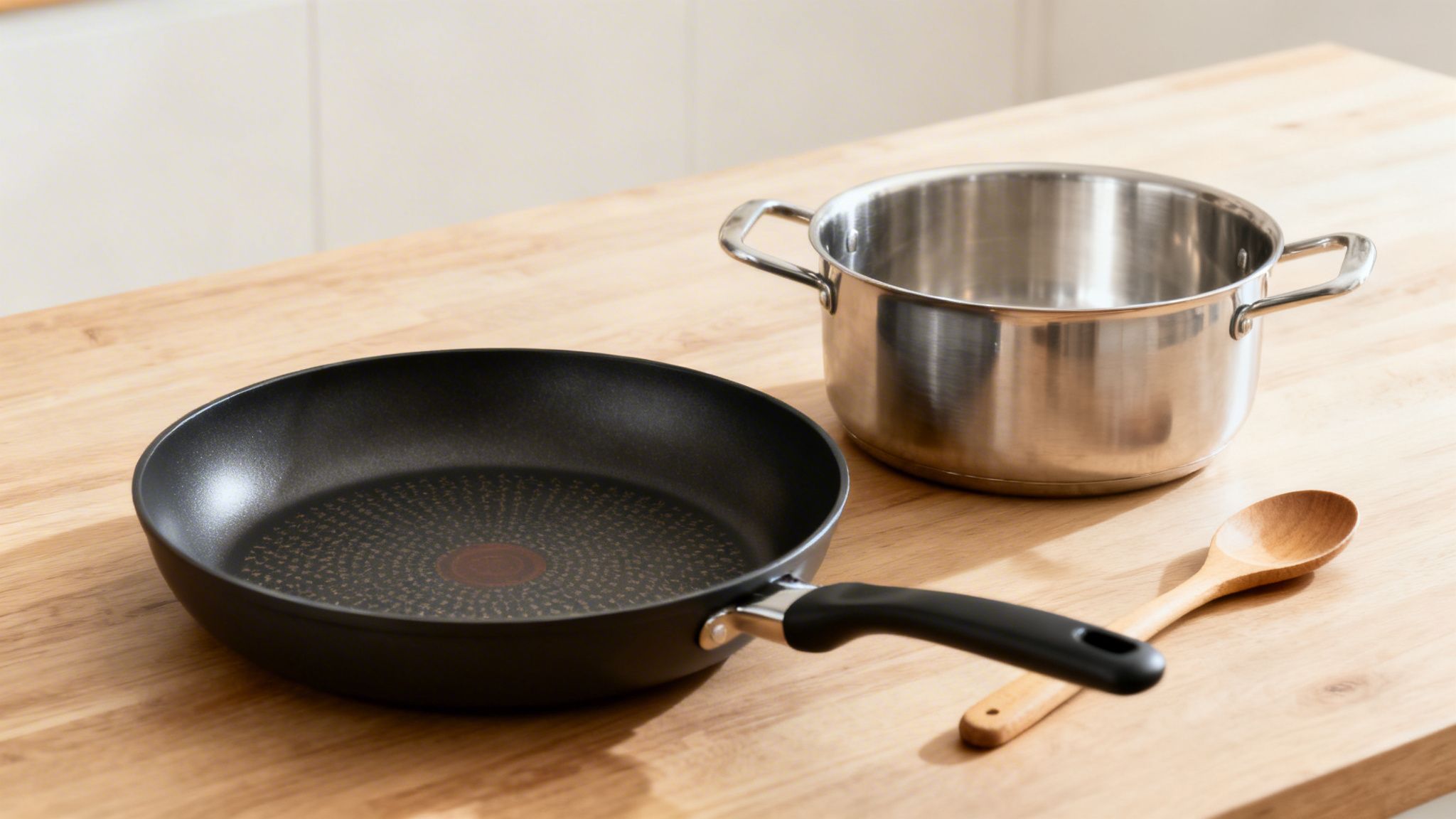 A black non-stick frying pan, stainless steel pot, and wooden spoon on a kitchen counter.