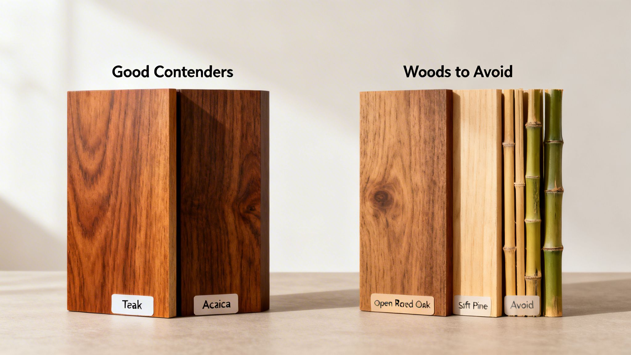 Image showing wood samples categorized as 'Good Contenders' (Taak, Acaica) and 'Woods to Avoid' (Oak, Pine, Bamboo).