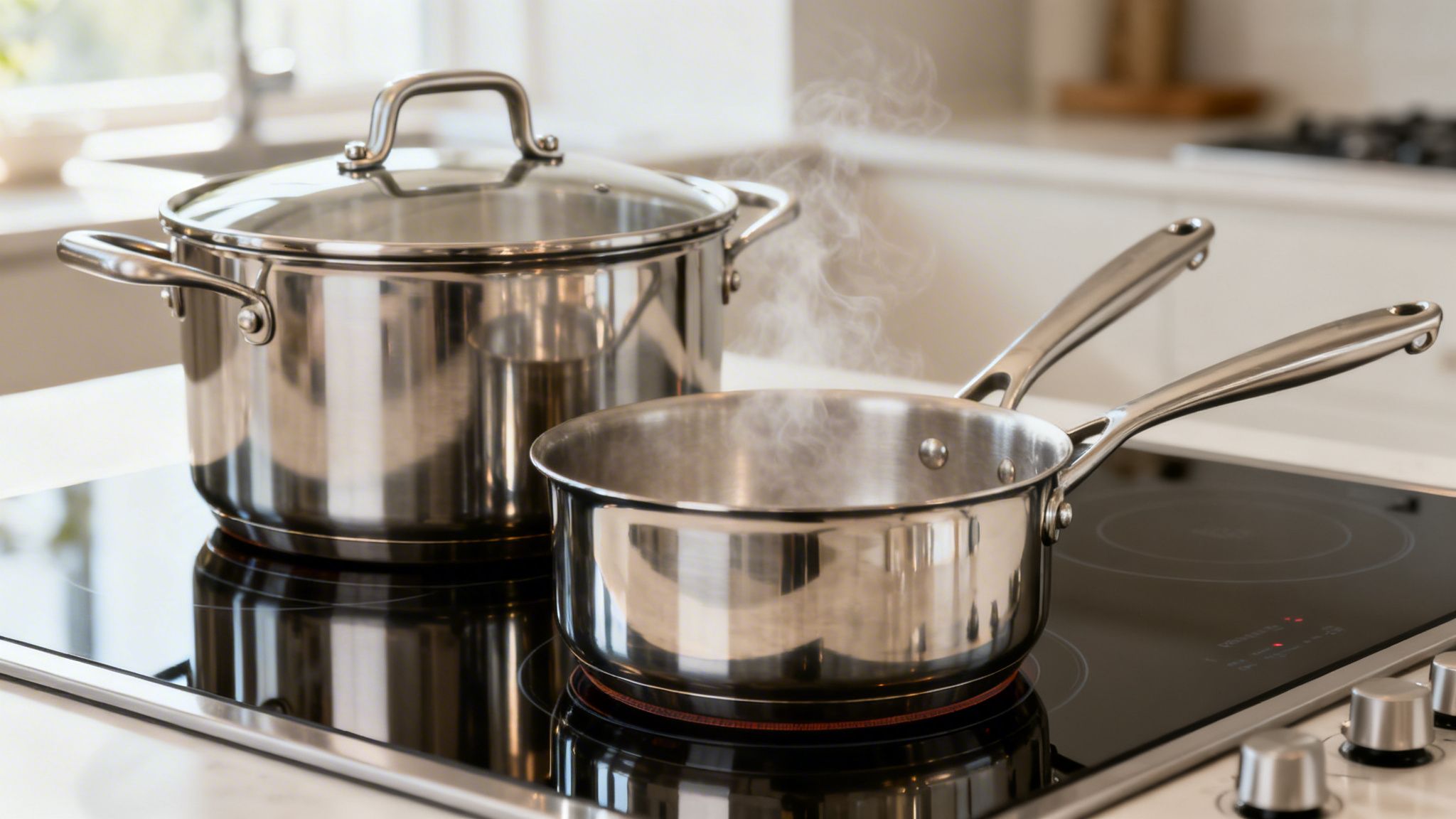 Stainless steel pots on a modern electric stovetop with steam rising from the saucepan.
