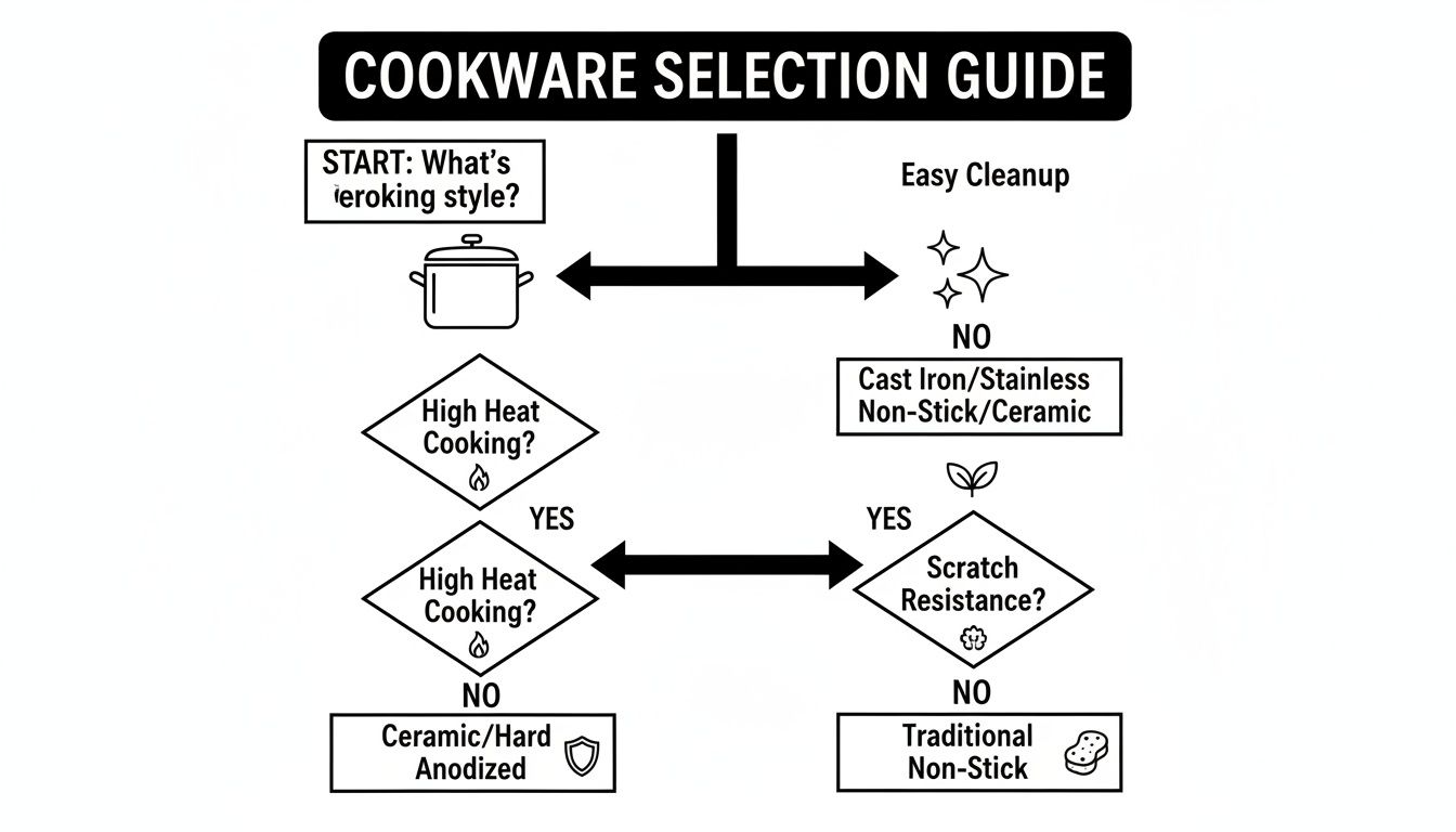 Flowchart guide to selecting cookware based on cooking style, heat, cleanup, and scratch resistance.