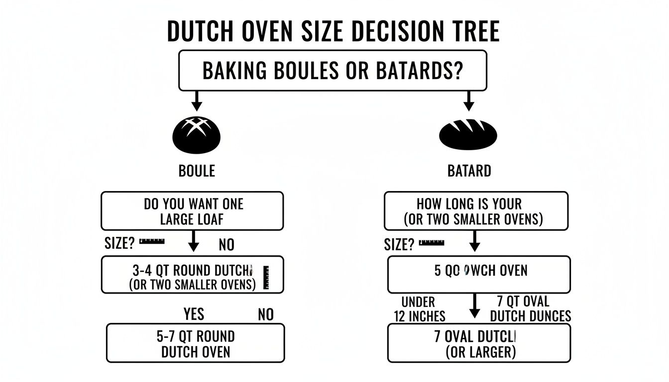 Decision tree guides Dutch oven size selection for baking boules or batards, detailing round and oval options.