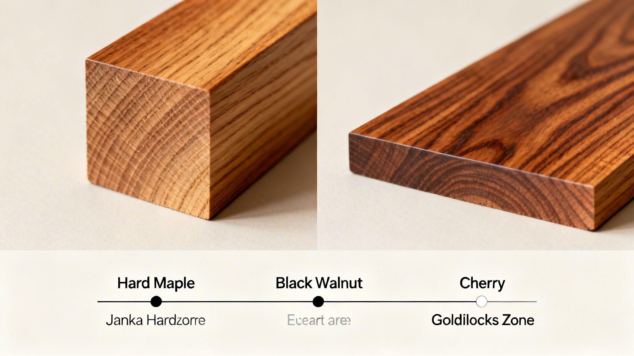 Two wood samples, light and dark, displayed with labels for Hard Maple, Black Walnut, and Cherry.