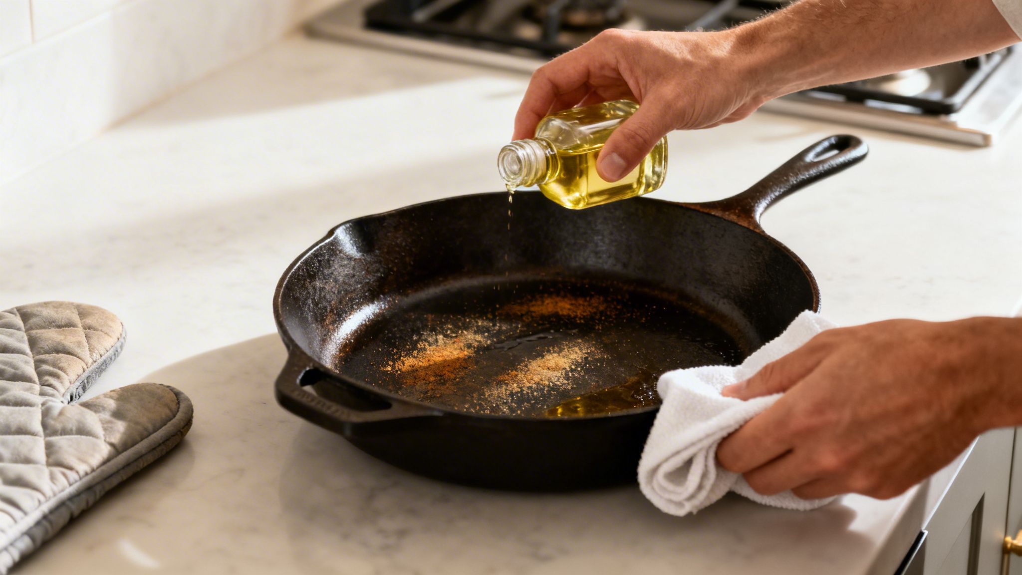 Hands pour cooking oil from a small bottle into a dark cast-iron pan on a counter.