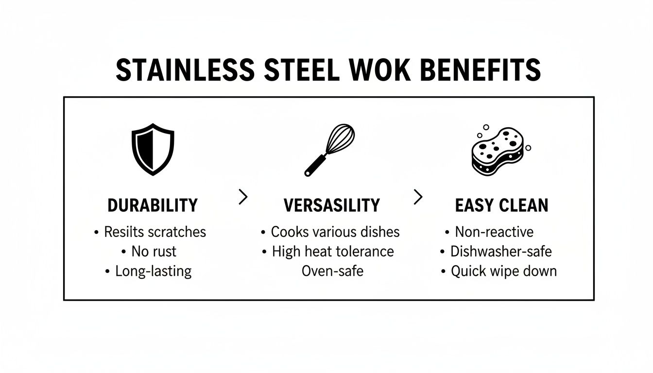Infographic illustrating the benefits of a stainless steel wok, highlighting durability, versatility, and easy cleaning.