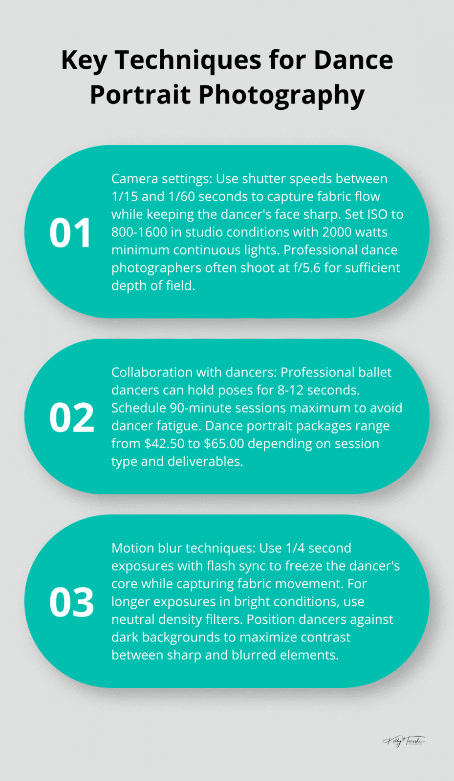 Ordered list chart showing three key techniques for dance portrait photography: camera settings, collaboration with dancers, and motion blur techniques. - Artist collaboration