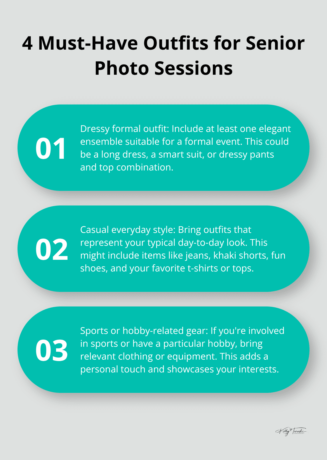 An ordered list chart showing four essential outfit types for senior photo sessions: dressy formal, casual everyday, sports or hobby-related, and trendy personality-reflecting pieces. - best senior pictures