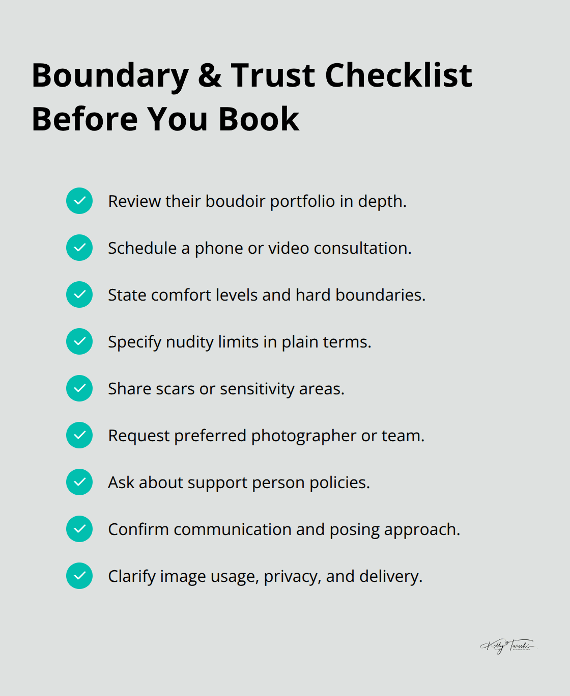 Checklist of key conversations and boundaries to set with your boudoir photographer before booking. - Boudoir empowerment