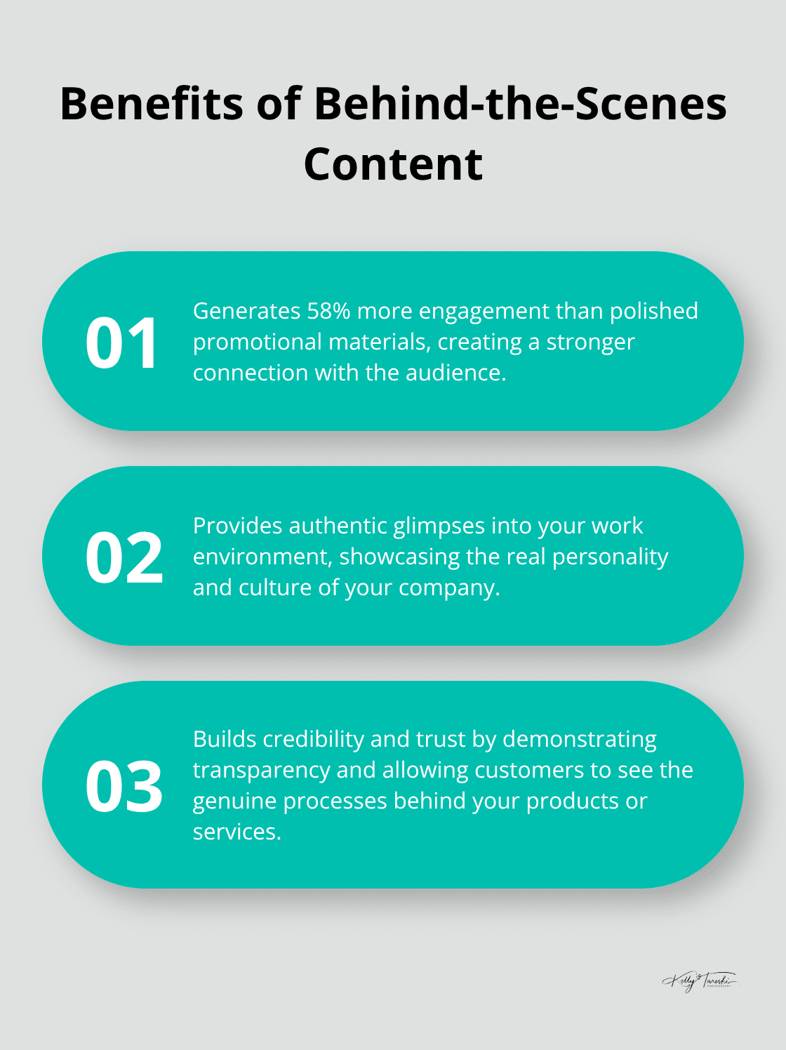 Ordered list chart showing three key benefits of behind-the-scenes content in brand photography - Business storytelling