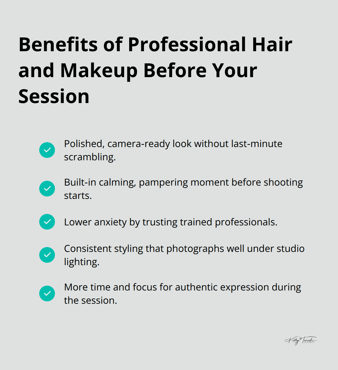Key benefits of professional hair and makeup that reduce stress and improve portraits. - Calm portrait sessions Spokane